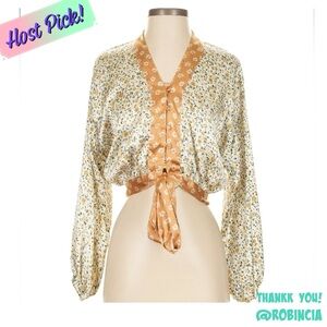 Topshop Gold Printed Button Down Tie Front 3/4 Sleeve V-Neck Cropped Blouse Sz 4